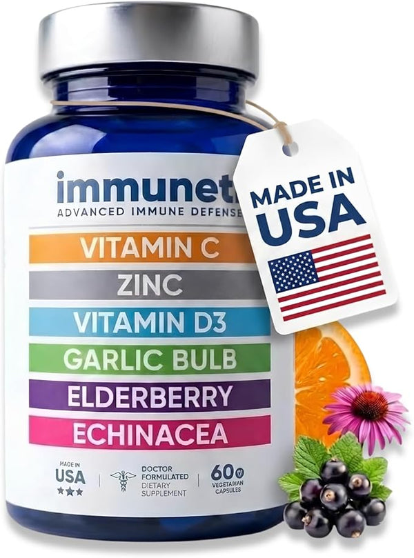 Immuneti Advanced Immune Support – Doctor Formulated 6-in-1 Daily Immunity Supplement – Made in USA – With Vitamin C, D3, Zinc, Elderberry, Garlic & Echinacea - Vital Nutrients & Antioxidants (1)