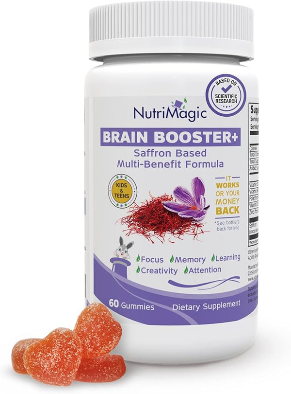 NutriMagic Kids Brain Booster+ 30mg Pure Saffron Extract Gummies & Multivitamin D3, B6, B12, Zinc, Supports Kids Brain Health, Focus, Memory, Attention, Mood Balance, Non-GMO Supplement, 30x Servings