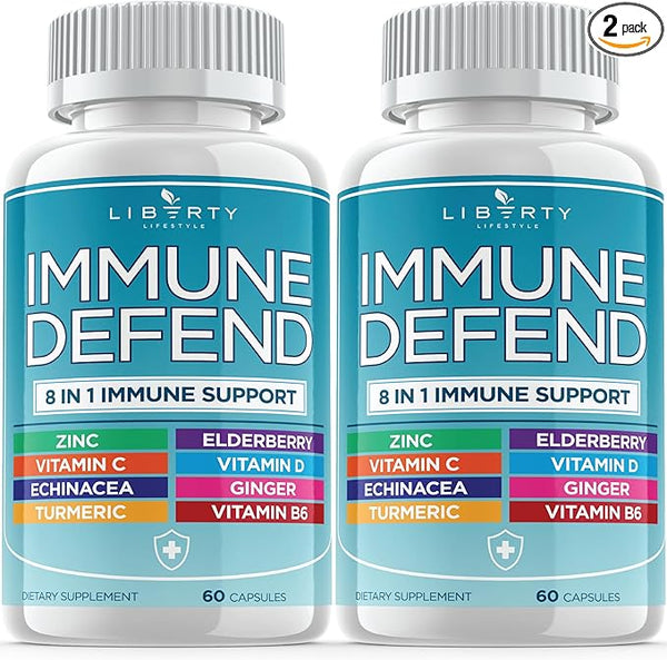 8 in 1 Immune Defense Support, Immunity Vitamins Supplement Booster Zinc 50mg, Vitamin C Elderberry VIT D3 5000 IU, Turmeric Curcumin & Ginger, Echinacea - Allergy Relief for Kids Adults (2 Pack)